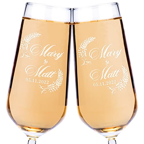 Set of 2, Personalized Wedding Flutes for Bride and Groom, 7 oz, Mr and Mrs Champagne Glasses for Engagement with Your Names and Date - D4