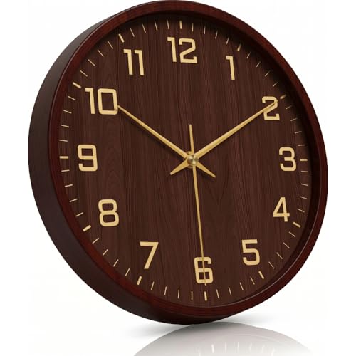 Image of STAR WORK Silent Non-Ticking Wall Clock 12 inch Inch Analog Clock & LCD Display | Calendar Date, Day, Temperature, Operated Decorative Clock for Living Room, Kitchen, Bedroom,Office (Wooden Gold)