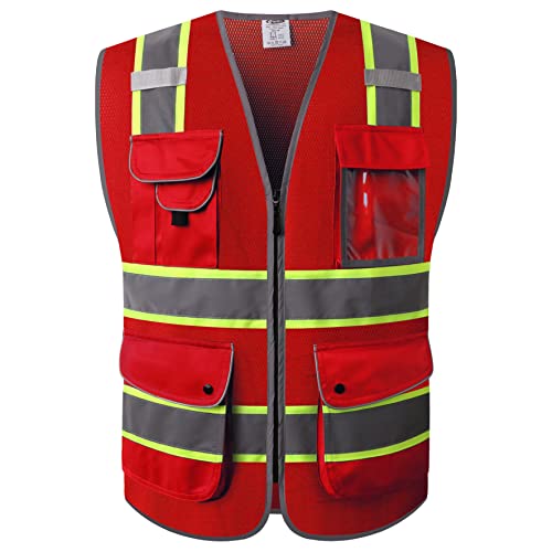 JKSafety 9 Pockets Hi-Vis Neon Red Zipper Front MESH Safety Vest with Fluorescent Yellow Extend Edge outlining the Reflective Tapes Meet ANSI/ISEA Class 2 Standard (100-Red, 4X-Large) by JKSafety - Used condition - US$14.09