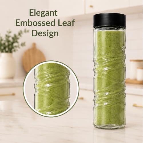 Image of Ash & Roh Round Glass Water Bottle with Lid, Transparent Wide Mouth Juice Bottle for Fridge, Office, School & Everyday Hydration Reusable for Daily Use