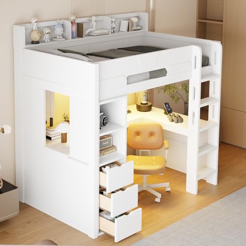 Merax Twin Size Wood Gaming Loft Bed with U-Shaped Desk, Lights & USB Ports