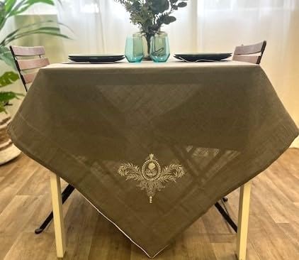 Tovaglia ricamata rettangolare grigia 160 x 300 cm, tovaglia in lino misto, motivo ricamo monogramma, tovaglia molto facile per la stiratura, tovaglia shabby charme, tovaglia francese Style,