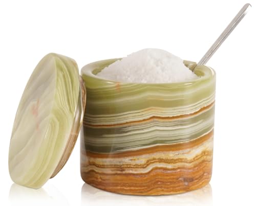 SPESHSTONES Saliera in marmo con coperchio e cucchiaio, 7,6 cm, piccoli contenitori per condimenti per accessori e decorazioni da cucina, barattoli per spezie, zuccheriera e saliera traballante per la