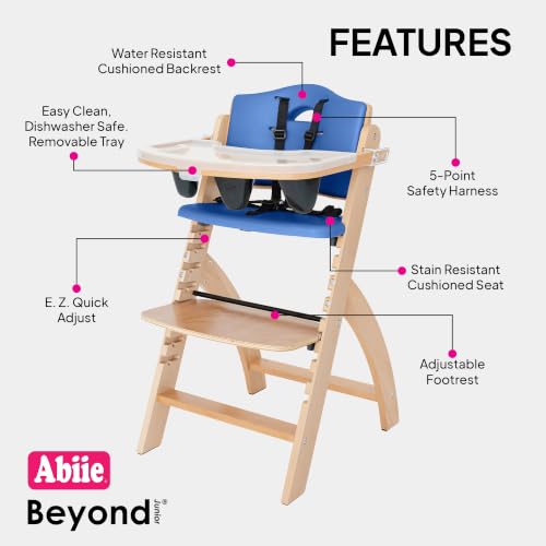 Image of Abiie Beyond Junior Wooden High Chair for Babies and Toddlers - Convertible 3-in-1 Baby Highchair with Removable Tray - 6 Months to 250 Lb - Water Resistant - Natural Wood /Blueberry Cushion