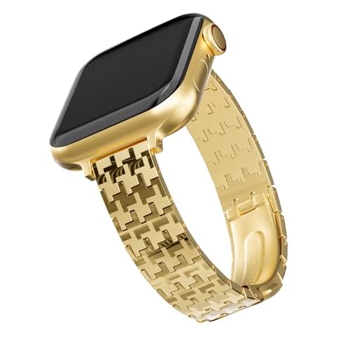 Houndstooth Metal Bracelet Apple Watch Band for Women, Stainless Steel Strap (38mm/40mm/41mm, Golden) Cover