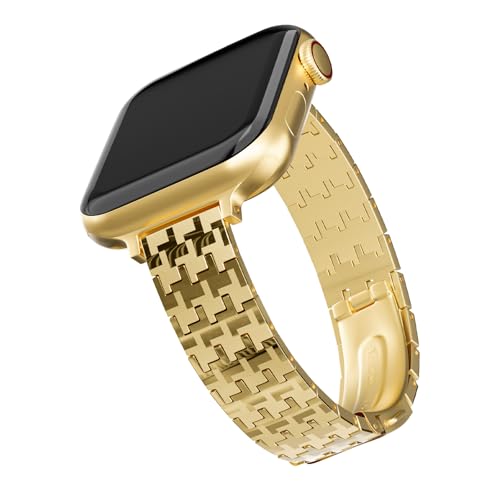Houndstooth Metal Bracelet Apple Watch Band for Women, Stainless Steel Strap (42mm/44mm/45mm/49mm, Golden)