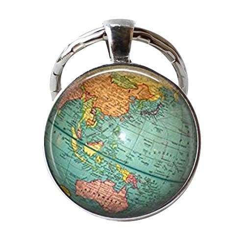 Yaoytec Llavero con diseño de mapa del mundo, planeta, tierra, geografía, llavero para coche, plata, 25 mm