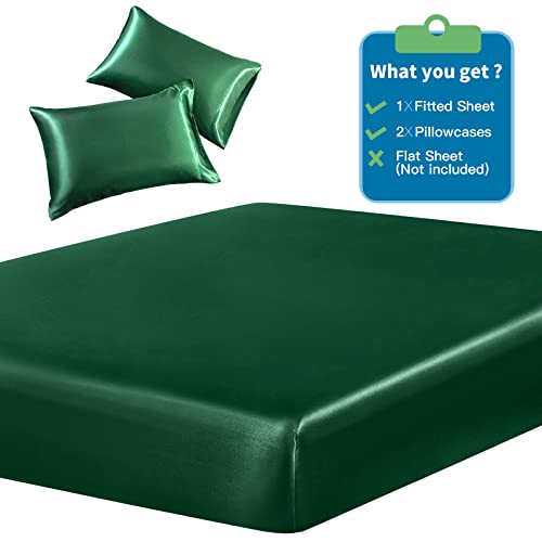 Image of SiinvdaBZX 3-Piece Set Satin Full Fitted Sheet & 2 Pillowcase, Emerald Green Silky Soft Fitted Bottom Sheet, Wrinkle Free, Fade Resistant, Deep Pocket Bed Sheet (Deep Up to 15 inch)
