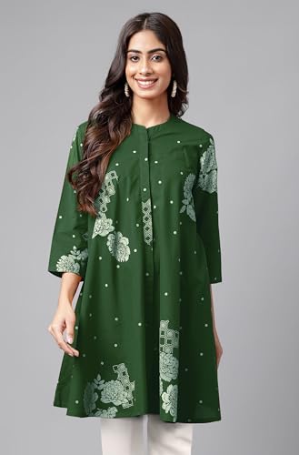Image of Janasya Women's Pure Cotton Floral Printed Flared Tunic