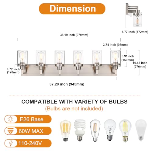 Image of 6-Light Bathroom Vanity Light Fixture in Brushed Nickel Finish,Metal Classic Wall Lighting with Clear Glass Shade Wall Sconces Lamp for Mirror,Hallway, Makeup Table