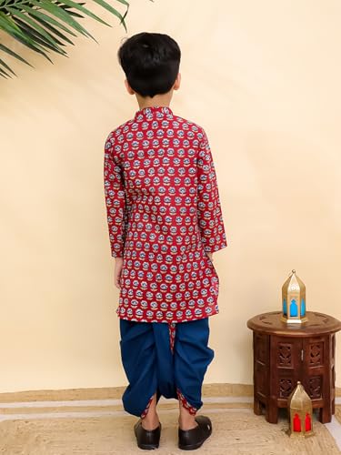 Image of The Mom Store Baby /Kids Boys Dhoti Kurta Set | Dhoti and Kurta | 100% Cotton | Comfortable | Ethnic | Festive Look | Block Prints | Colored Dhoti | Blue