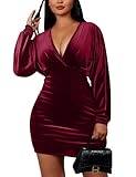 YMDUCH Women's Elegant Deep V Neck Long Sleeve Batwing Bodycon Velvet Mini Party Club Dress WineRed