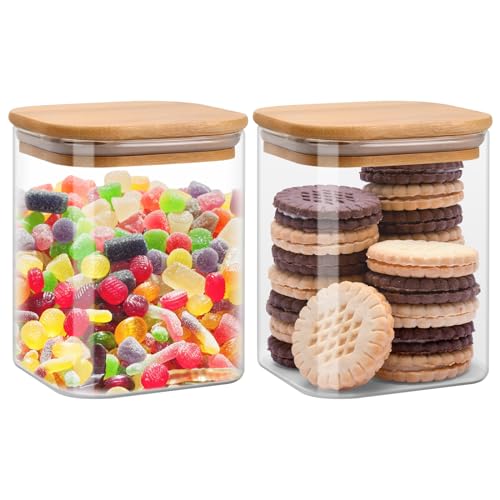 Focenat 2pcs Tarros de Cristal con Tapa, 800ml Frascos de Vidrio con Tapa Hermética Bambú, Botes Cocina Almacenaje Cristal, Recipientes de Almacenamiento de Vidrio para Té, Azúcar, Especias, Cereales