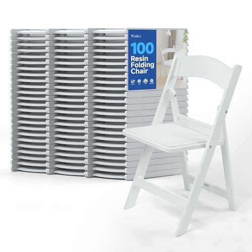 Winlice White Resin Folding Chairs with Padded Seats, 100 Pack
