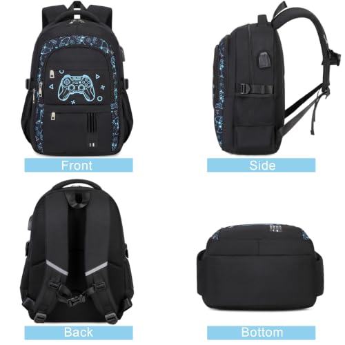 Image of ACESAK 4PCS Boys Backpack with Wired Headphones, Lunch Bag & Pencil Case | Lightweight School Backpack with 3.5mm Wired Headphones for School Kids Children Kindergarten Elementary, Black Game