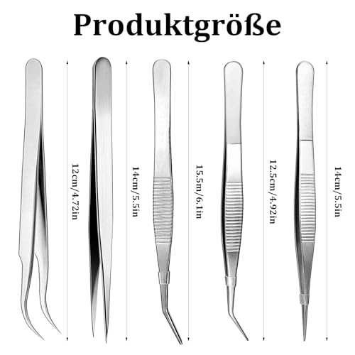 5 STK Edelstahl Pinzetten Set, Präzisionspinzette Gebogene Pinzette Spitz Pinzetten Profi, Mehrzweckpinzette für Basteln, Kochen, Reparieren, Backen, Grillen, Modell Craft Tweezers (5 Längen)