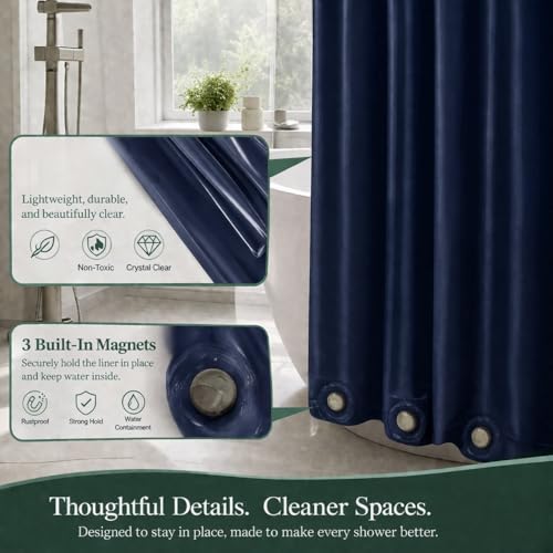 Image of EHZNZIE Navy Blue Shower Curtain Liner 72x72, PEVA Waterproof Bath Curtain, No Chemical Smell, 3 Weighted Magnets, Durable with Rustproof Metal Grommets