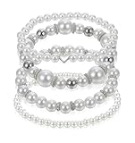 ValueBargain 4 Pcs Pearl Bracelets for Women, Stackable Faux Pearl Beaded Bracelets for Women, Elegant Silver Jewelry Set for Mothers, Bridesmaids, Weddings