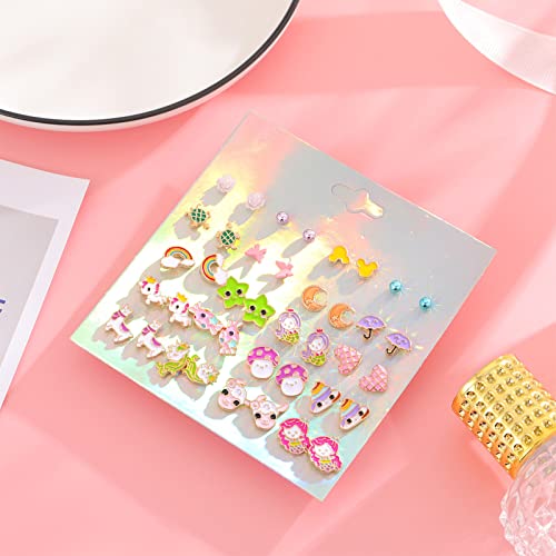 Image of NEWITIN 100 Pairs Colorful Cute Earrings for Girls Sensitive Ears Hypoallergenic Girl Stud Earrings Set Stainless Steel Cartoon Stud for Girls and Women