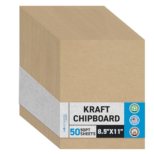 MagicWater Chipboard Sheet for DIY Projects - 8.5x11 Inch - 50 Pack - 50 pt - Heavy Duty Kraft. (0.050 Inch Thick) Paperboard, For Scrapbooking, Books, Picture Frame Backing, Arts Project & Crafts