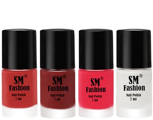 Image of Nail Polish Combo Set (Pack of 4) Quick Dry Gel Finish Nail Paint | Coral Pink ,Jam,Dark Pink,White | 7 ml Each