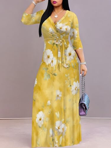 Image of SUZONANA Plus Size Dresses for Women Floral Print Maxi Dress Flowy 3 /4 Sleeve with Belt
