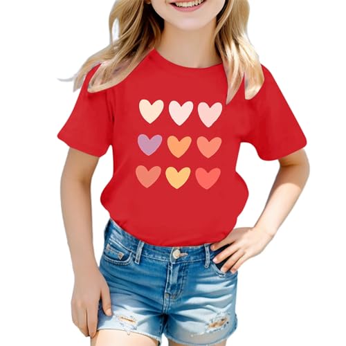 Image of Cute Graphic Print Cotton T-Shirt - Girls' Lightweight Soft Top - Round Neck Short Sleeve Tee - Summer Casual Shirt - School Tee - Christmas T-Shirt - Age 3-12 (03-Red, 3-4 Years)