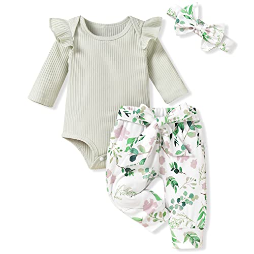 Image of Aalizzwell Preemie Newborn Infant Baby Girls Clothes Ribbed Romper Bodysuit Pants Set Fall Winter Outfits