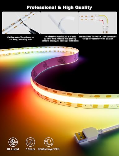 Image of PAUTIX RGB Smart IC USB LED Light,5V RGB COB LED Strip USB Powered,UL-Listed Multicolor Flexible Tape Light 6.56ft /2m with Music Mode /APP Control,for TV,Scooter,Computer Desk Decor