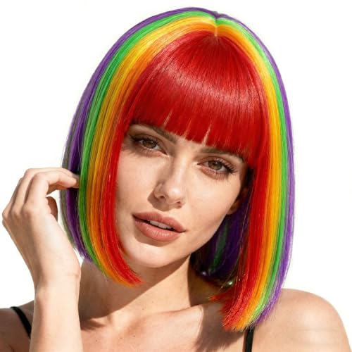 Rose bud Rainbow Bob Wig with Fringe 12 Inch Short Straight Colorful Costume Wigs for Women Cosplay Party Halloween