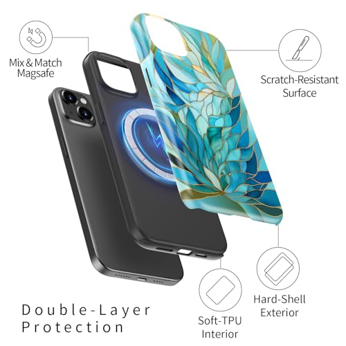 Image of Goodon for iPhone 14 Plus Case Cute - Wireless Charging Compatible - Dual-Layer Hard Shell + Silicone Cover - Protective Phone Case with Trendy Designs for Women - Blue Leaves Flower | Dual-Layer Hard Shell + Silicone, Slim Fit Protective Phone Cover with Wildflower Designs for Women Girls