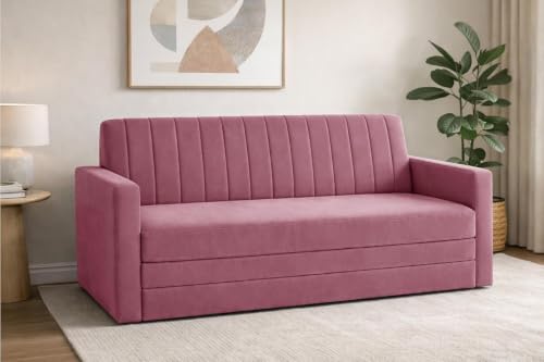 Image of Sofa-Cum-Bed | 3-Seater Foldable Sofa Cum Bed Armrest | Velvet Fabric Sofa for Living Room, Bedroom & Office-Rose Pink