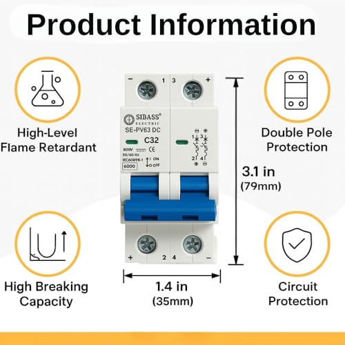 Image of Solar DC MCB 2 Pole Miniature Circuit Breaker - PV Disconnect Breaker /DC Circuit Breaker for Solar Panels, PV Inverters, Solar Breaker Box & Solar Disconnect Switch Applications (63A 500V)