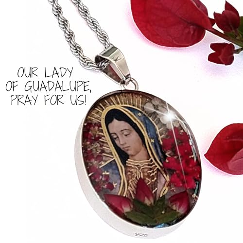 Virgin Mary Necklace Lady of Guadalupe Pendant Medal Pressed Red Flower 925 Sterling Silver with 20" Stainless Steel Chain Medalla Virgen Maria Catholic Religious Mexico Jewelry -Handmade by Mexican Artisans3