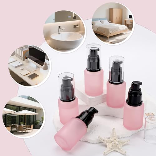 Image of Segbeauty 1oz Frosted Empty Glass Lotion Bottles, 5pcs Small Pump Bottle Travel Size Pump Dispenser, 30ml Pink Reusable Cosmetic Containers for Cream, Refillable Glass Travel Bottle for Toiletries