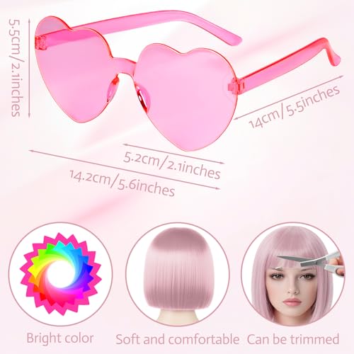Image of MEEZY Light Pink Short Bob Wigs Straight Hair with Flat Bangs Heart Sunglasses for Women, Colorful Funny Cosplay Daily Party Neon Wig Synthetic Natural As Real Hair Carnival Halloween Costume