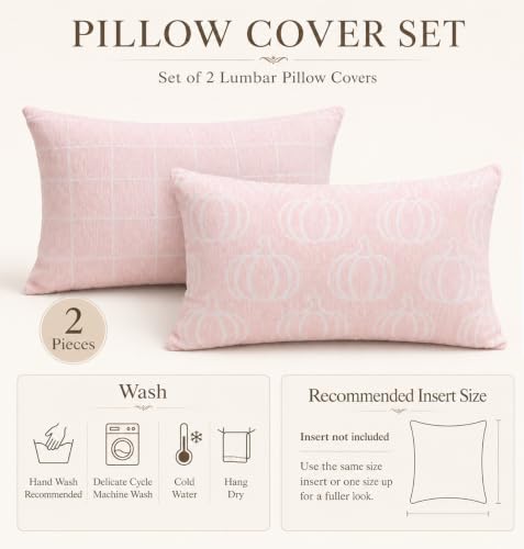 Image of Fall Pumpkin Lumbar Pillow Covers, Autumn Decor (Pink,12x20) | Double-sided pumpkin and plaid designs, thick chenille texture, hidden zipper, for couch, sofa, bed, farmhouse autumn decor