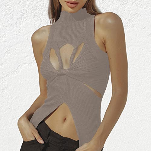 Image of Women Strapless Crop Top Sexy Hollow Out Twist Front Knitted Tank Tops Sleeveless Y2K High Neck Cut Out Sweater Vest