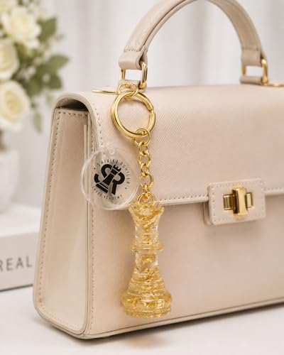 Image of SRCA Resin Premium Charming Queen Chess Piece Keychain, Golden, Metal Bag Hanging, Chess Theme, Personalised Metal Chess Piece Keychain Gamer Gift