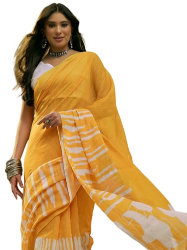 Image of SIRIL Women's Cotton Linen Printed Zari Border Saree with Unstitched Blouse Piece