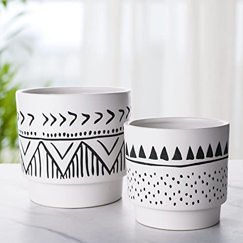 Jofamy Boho 6 Inch Ceramic Plant Pots, Geometric Ceramic Embossed Flower Pots Indoor With Drainage Holes, 2 Set Minimalistic Planters For Indoor And Outdoor Plants(Beige&Black) #TOP5