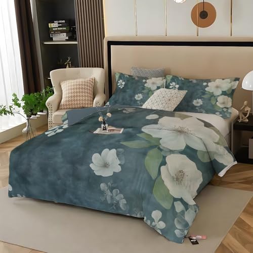 Housse de couette 200x200 fleurs blanches réversible anti-pli