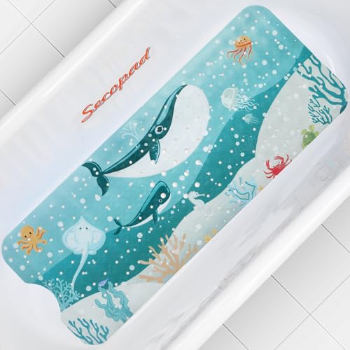 Image of Secopad Bath Mat for Tub Non Slip, Machine Washable Anti-Slip Cartoon Baby Bathtub Shower Mat with Drain Holes and Suction Cups for Toddler & Kids, 40 Inch x 16 Inch, Whales