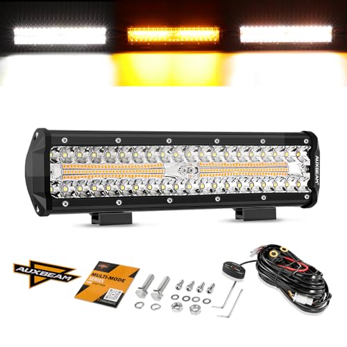 Auxbeam 12 Inch LED Light Bar, 6 Modes Strobe Amber Pod Lights Yellow Fog Light Dual Color Spot Flood Offroad Driving Lights, Memory Function LED Work Lights for Truck Car ATV 12 inch straig