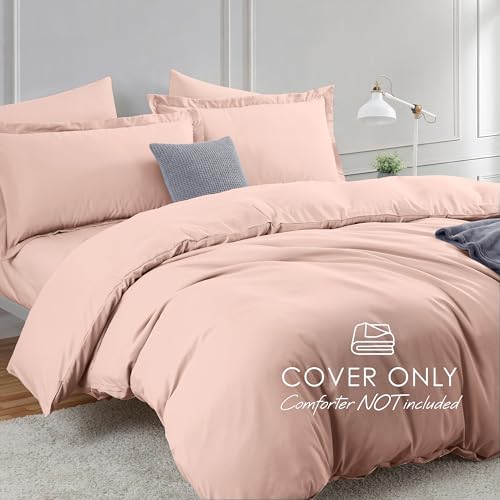 Image of Hearth & Harbor Blush Pink Duvet Cover with Fitted Sheet Twin Size | 3 Piece Soft Double Brushed Bedding Set, Button Closure, 1 Duvet Cover 68x90 Inches, 1 Fitted Sheet, 1 Pillow Sham