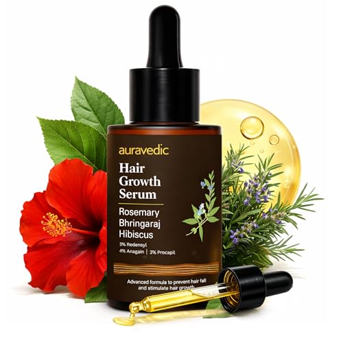 Auravedic Hair Growth Serum with 3% Redensyl & 4% Anagain | Nourishes Roots, Reduces Breakage & Supports Fuller Looking Hair | Rosemary, Bhringraj, Hibiscus | 1.01 Fl Oz (30ml)