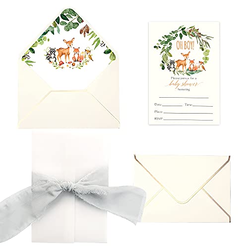 Doris Home 25pcs Fill in Baby Shower Invitations with Fawns and Fox Design, Gray Chiffon Ribbon and Cream Envelope for Baby Boy