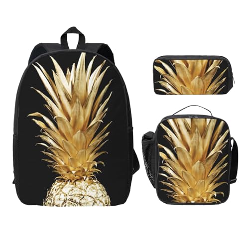 Sac à dos ananas doré EdWal avec trousse et sac à déjeuner noir