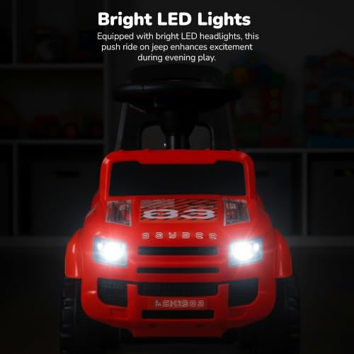 Image of Baybee Rover Baby Ride on Car for Kids | Push Ride on Toys Car with Backrest & Toy Storage Basket | Portable Rideons Jeep with LED Lights & Music | Kids Toy Car to Drive 1-3 Years (Red)