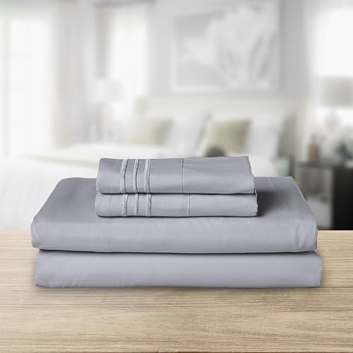 Image of Elegant Comfort Luxurious 1500 Premium Hotel Quality Microfiber Three Line Embroidered Softest 4-Piece Bed Sheet Set, Wrinkle and Fade Resistant, Queen, Silver-Light Grey